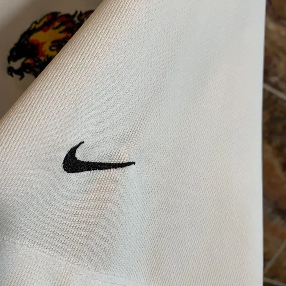 Men's Dri-Fit White Nike Golf Polo with Firebird Embroidered Logo, Size Large